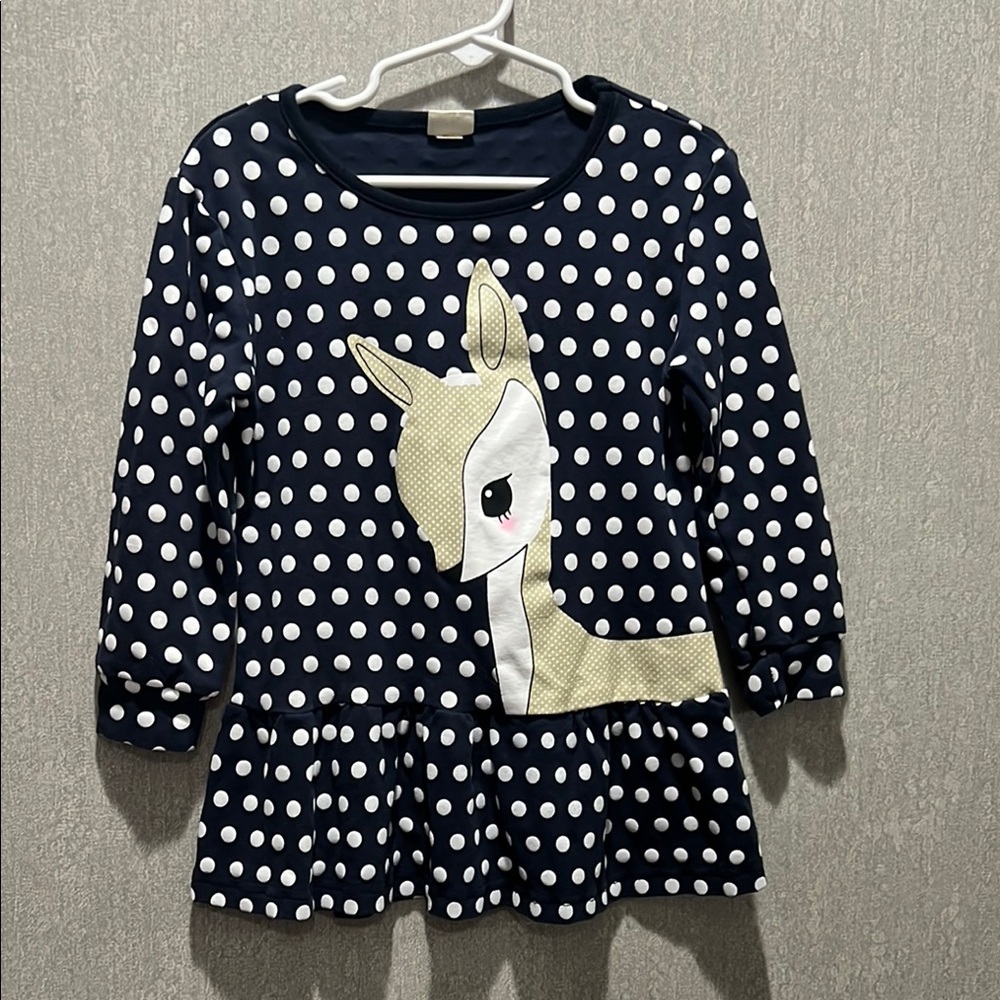 Blue and White Casual Dress with Polka Dots and Animal Design